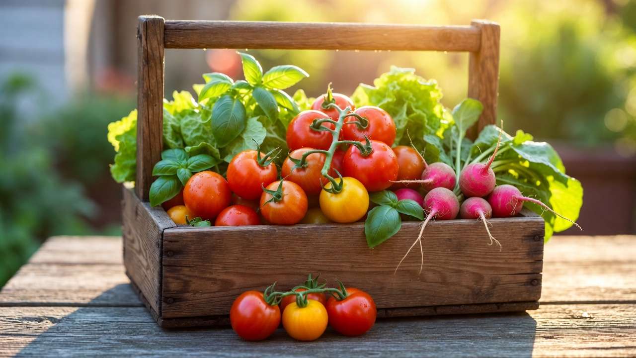 Fresh homegrown harvest cherry tomatoes lettuce radishes basil in wooden crate