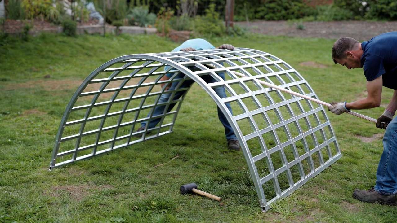 Helper bending cattle panel into arch shape using body weight and PVC pipe for DIY garden trellis