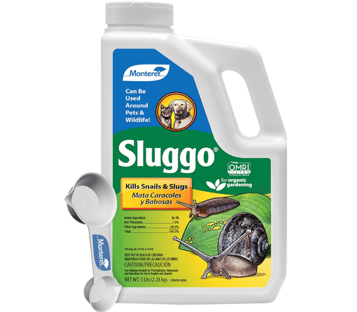 Monterey Sluggo Snail & Slug Killer Bundled with Measuring Spoon - OMRI Listed for Organic Gardening - Wildlife and Pet Friendly - 5 lb jug
