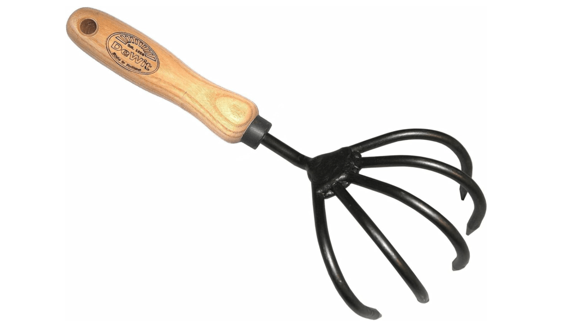 DeWit 5-Tine Hand Cultivator – Tempered Boron Steel Claw Tool for Weeding, Aerating & Debris Removal – Ash Hardwood Handle – Compact Garden Tool – 11” Long