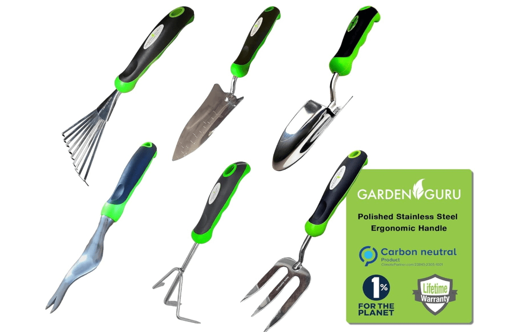 Garden Guru Garden Tool Set 6pc Hand Trowel Transplanter Weeder Fork Rake Cultivator – Heavy Duty Stainless Steel - Ergonomic Comfort Grip Handle – Perfect Gardening Tool Kit Gifts for Women and Men