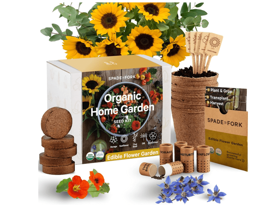 Organic Edible Flower Garden Seed Kit - 23pc Indoor Garden with Soil, Pots, Plant Markers, USDA Organic Non-GMO Seeds & Illustrated Instructions - Sunflower, Borage, Thai Basil, Dill, Nasturtium