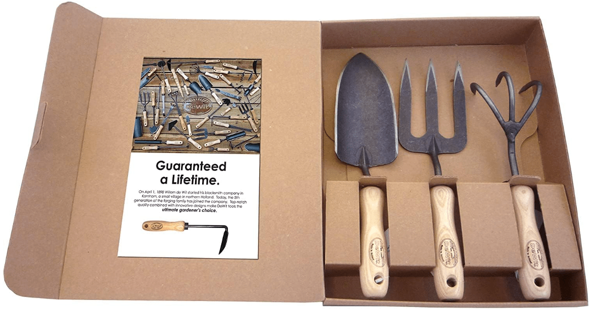 Dewit 3-Piece Tool Gift Set with 3-Tine Cultivator, Forged Trowel and Forged Hand Fork
