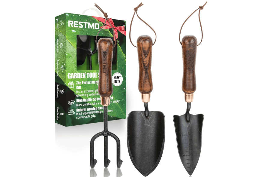 RESTMO 3-in-1 Heavy Duty Gardening Tools Kit, Premium Carbon Steel Garden Hand Tools with Ergonomic Wooden Handle Includes Trowel, Transplanter, and Cultivator, Ideal Gardening Gifts for Gardener
