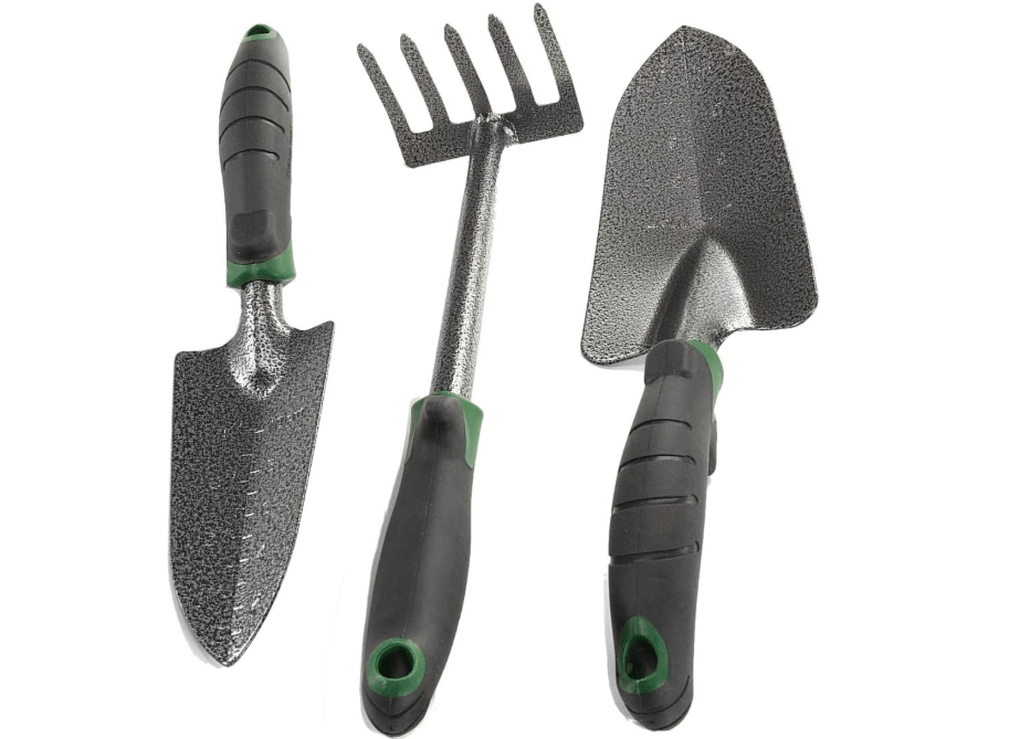Edward Tools Garden Tool Set - Heavy Duty Carbon Steel Trowel, Transplanter, Hand Rake - 3 Piece Garden Tool Set with Bend-Proof Design - Ergo Rubber Grip Handles
