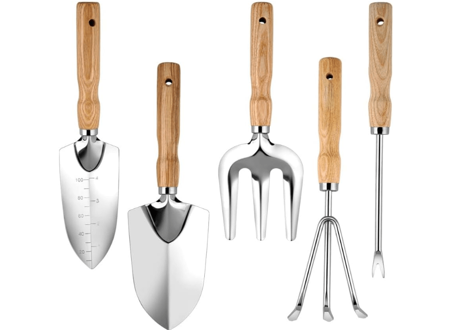 5-Piece Garden Tool Set, Rust-Resistant Stainless Steel with Ergonomic Non-Slip Wooden Handles – Durable Gardening Tools Gift,Includes Trowel,Transplanter, Hand Fork, Cultivator & Weeder Light-Weight

