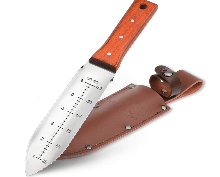 HAUSHOF Hori Hori Garden Knife 7”Stainless Steel Serrated Blade with Cutting Edge, Gardening Tool with Leather Sheath for Weeding, Planting, Digging, Wood Handle with Hanging Hole
