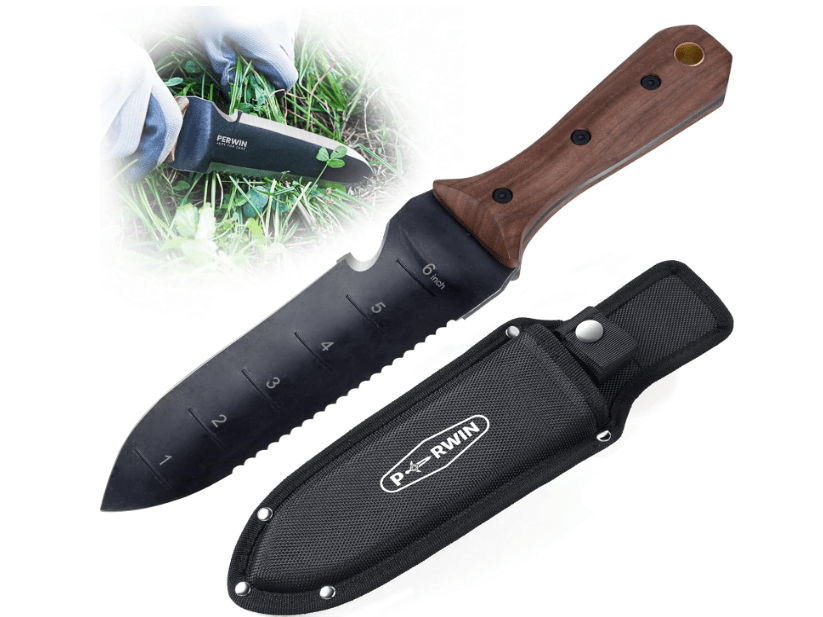 Hori Hori Garden Knife, Garden Tools with Sheath for Weeding, Planting, Digging, 7" Stainless Steel Blade with Cutting Edge, Full-Tang Wood Handle with Hanging Hole
