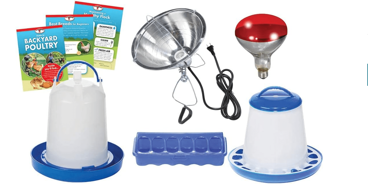 Double-Tuf® Chicken and Poultry Starter Kit | Heat Lamp, Light Bulb, Feeders, Waterer, and Guide Book for Backyard Outdoor Chick Farmers | Backyard Chicken Beginner Supply Kit 
