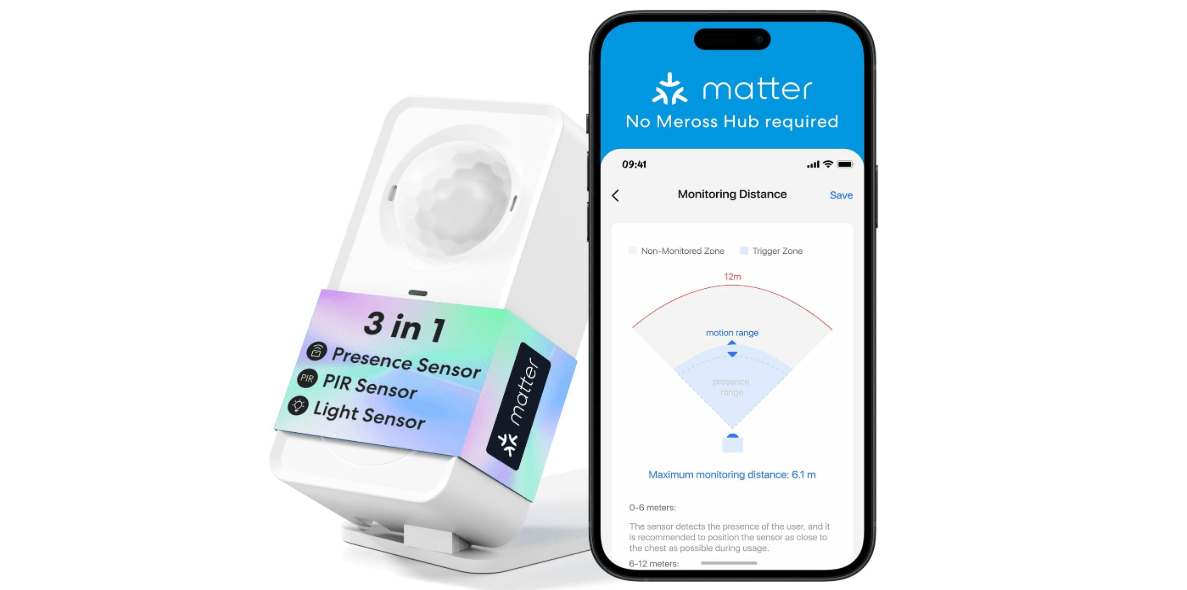meross Matter Human Presence Sensor, 3-in-1 PIR & Light & mmWave Radar Motion Sensor, AI Motion Detector for Matter Smart Home Automation, Supports HomeKit, Alexa, Google, Home Assistant, 2.4GHz Wi-Fi
