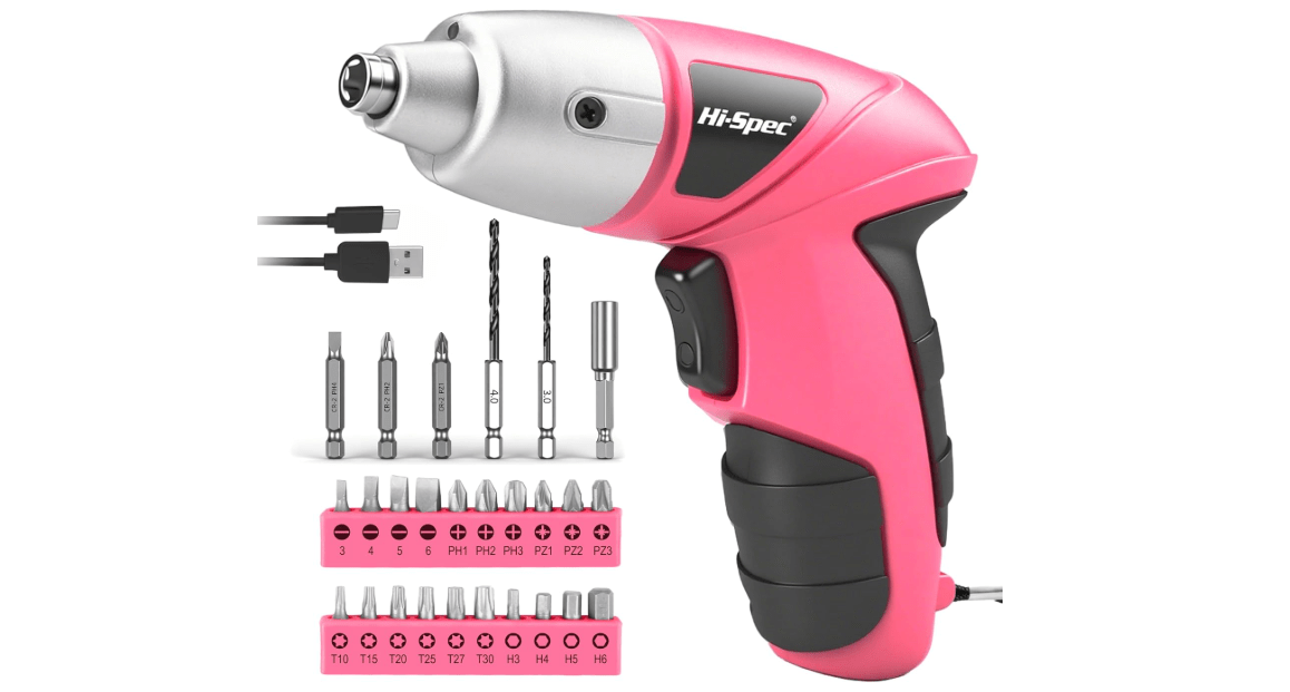Hi-Spec Small Electric Screwdriver, Mini Drill Set, Rechargeable 3.6V Cordless Screwdriver with 26 Driver Bits, Power Tool for Small Projects & Home Use, Pink