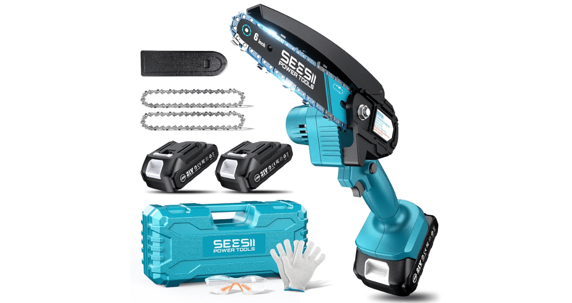 Seesii Mini Chainsaw, 6-inch Mini Chainsaw Cordless, Handheld Electric Power Chain Saw with 2 Batteries, for Tree Trimming Wood Cutting, Best Gifts for Father, Dad, Husband, Men