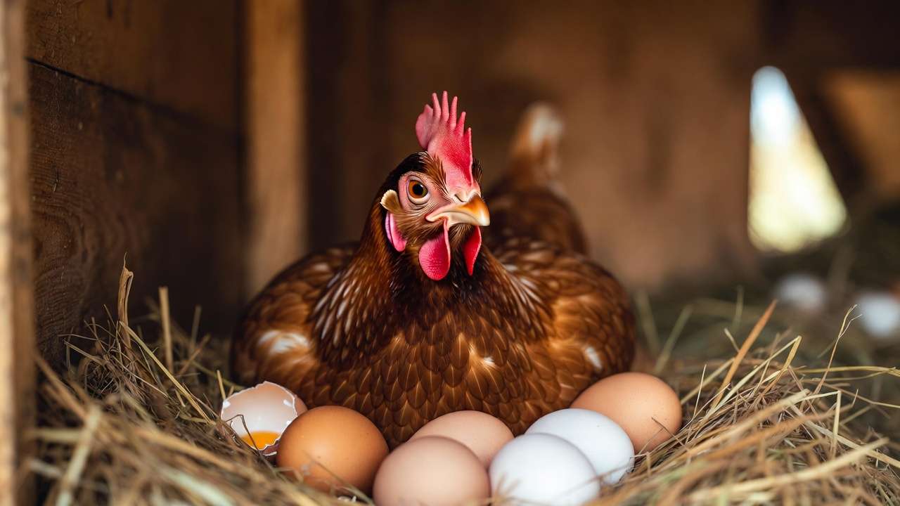 Healthy backyard hen with fresh eggs in nest after effective bird flu biosecurity measures.