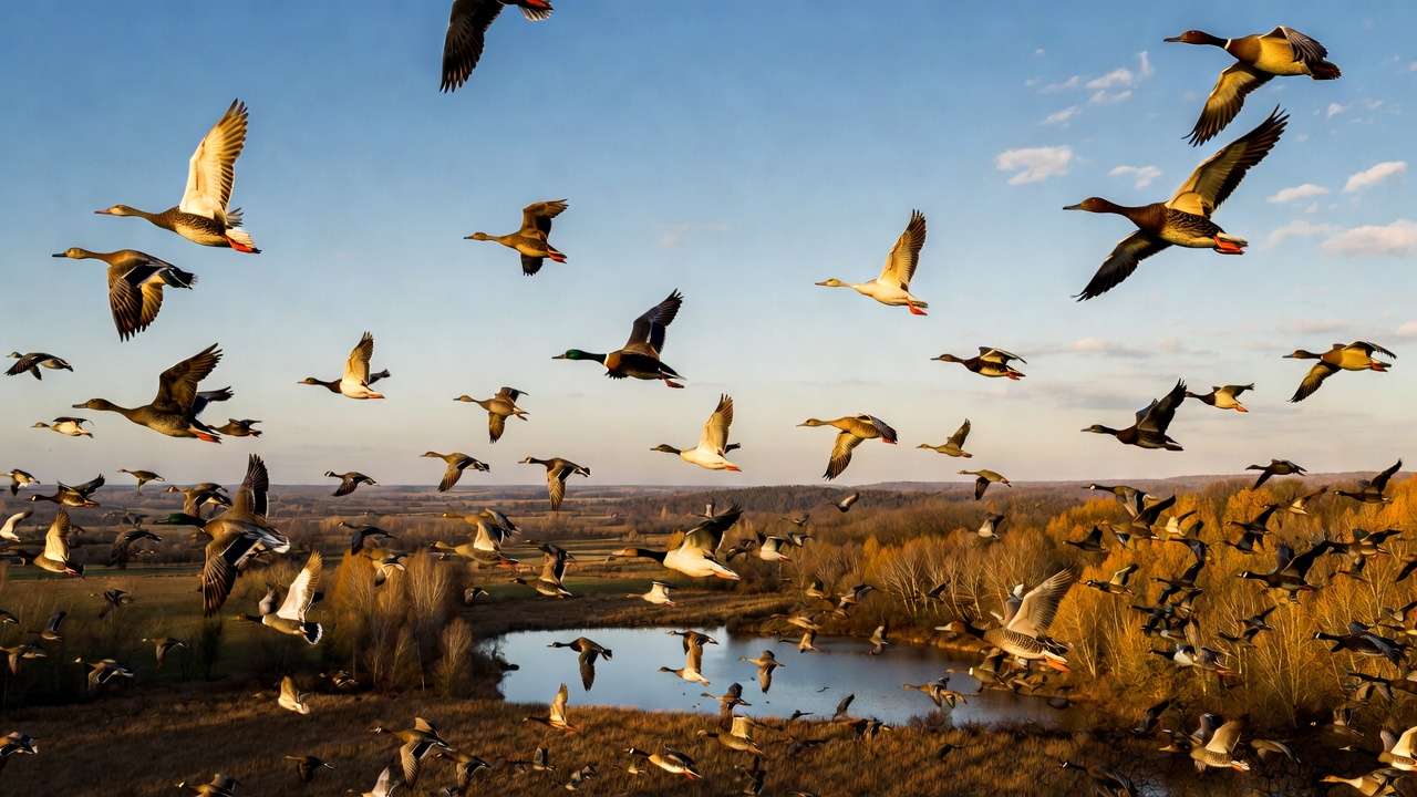 Migratory wild ducks and geese flying over water, key carriers of avian influenza to domestic flocks.