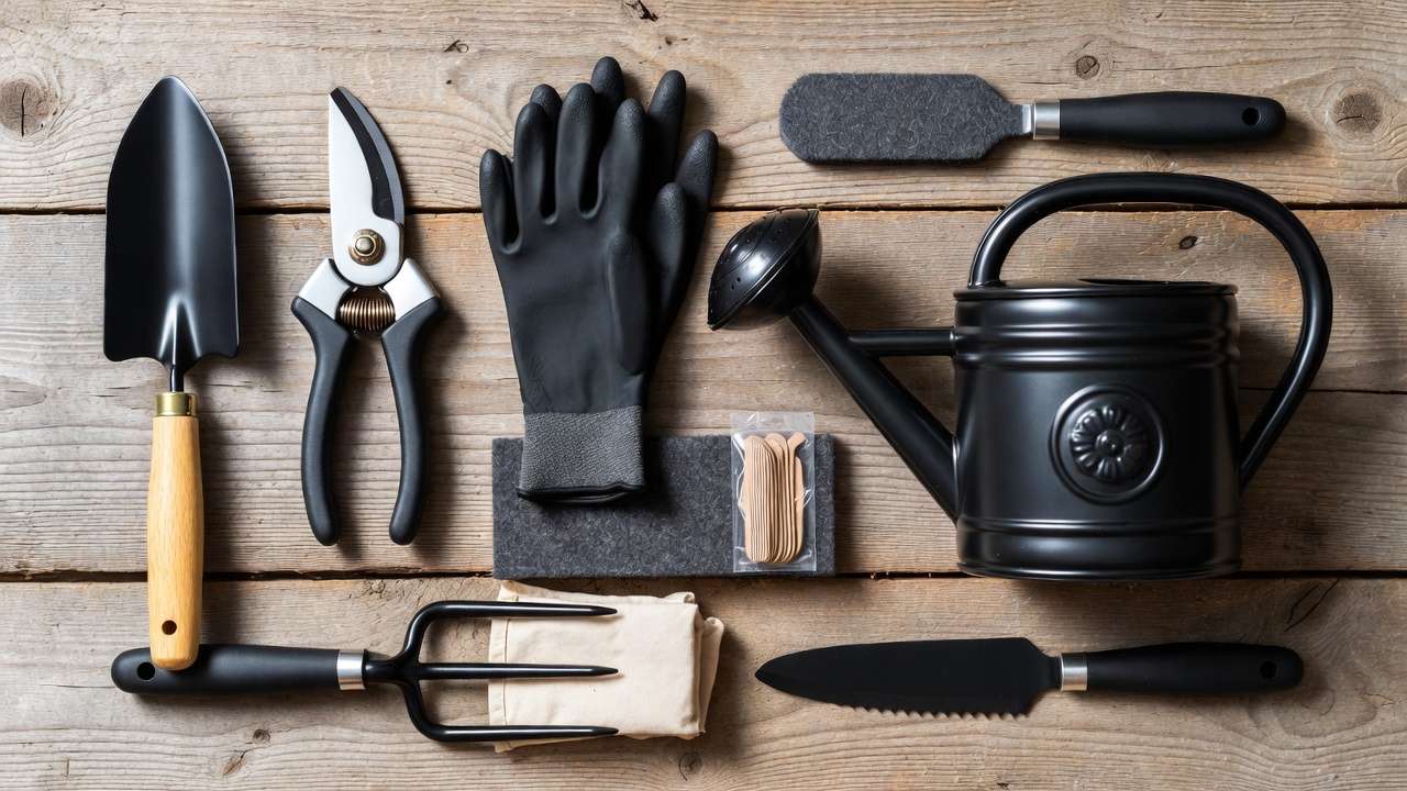 Beginner gardening tools checklist with trowel shears gloves watering can fabric bags