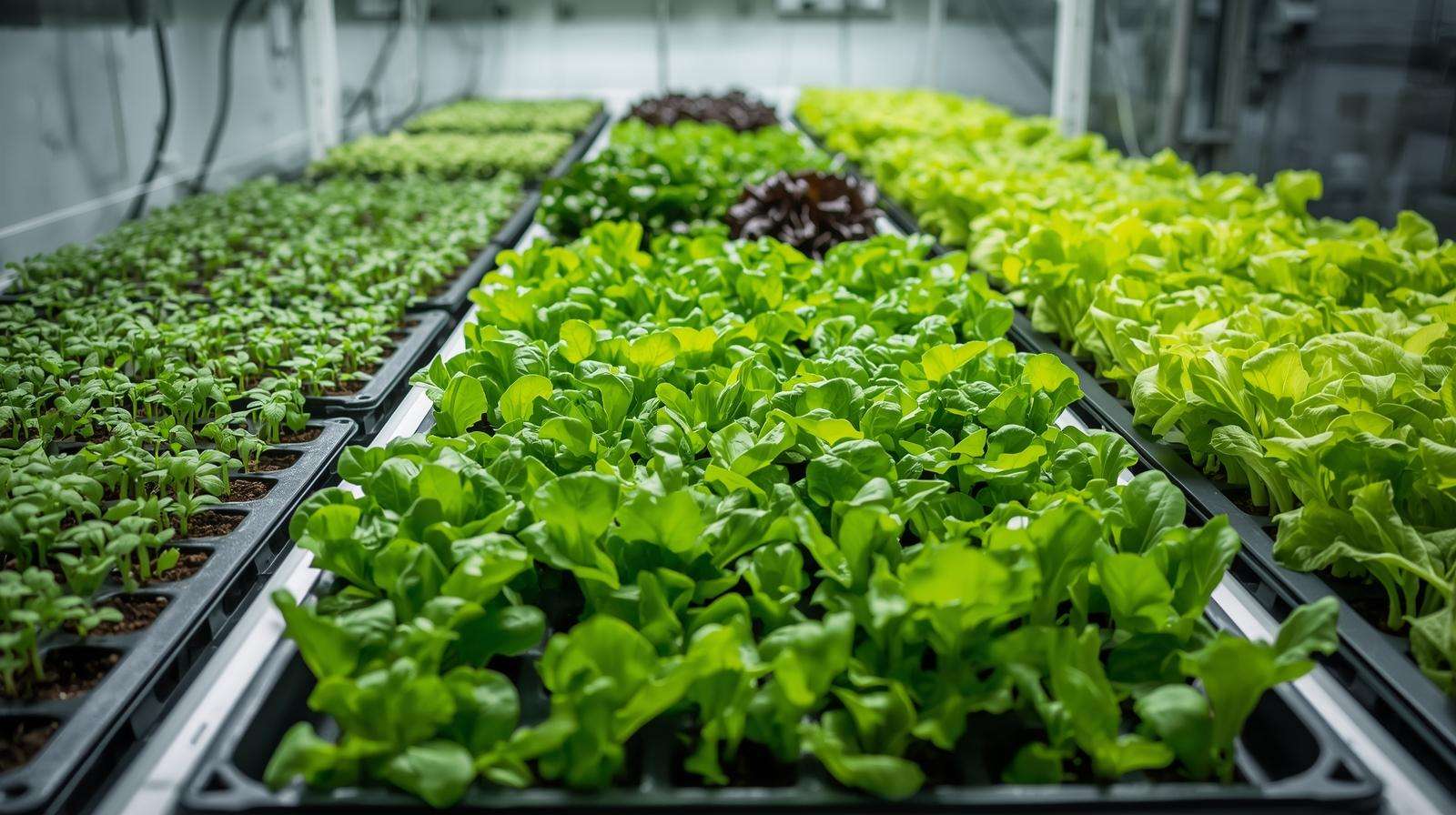 Indoor salad bars trays showing staggered planting with different lettuce growth stagesIndoor salad bars trays showing staggered planting with different lettuce growth stages