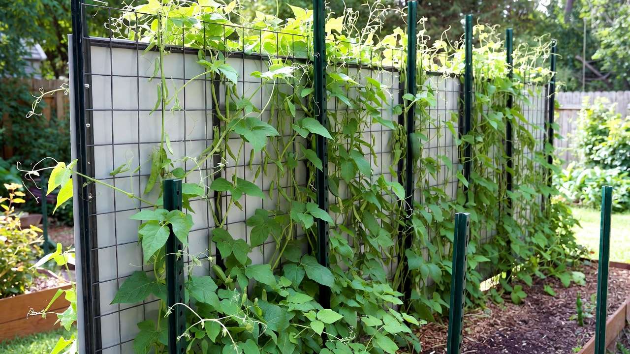 Sturdy cattle panel wall trellis supporting vertical pole beans peas and cucumbers in a garden bed