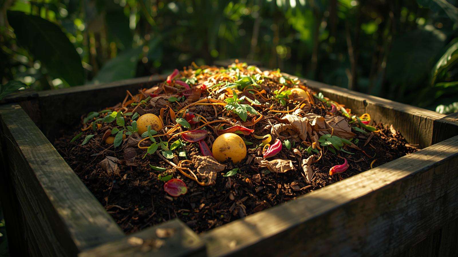 Home compost bin with kitchen scraps and garden waste turning into rich fertilizer
