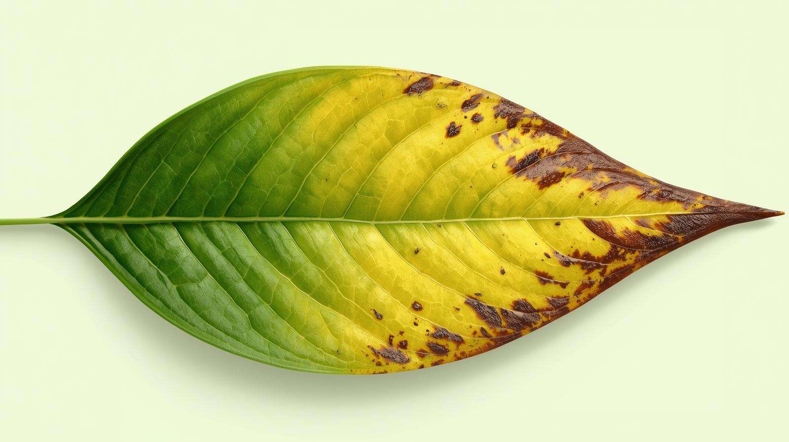 Progression of chlorosis and yellowing on hydroponic plant leaf due to nutrient deficiency in DWC system 