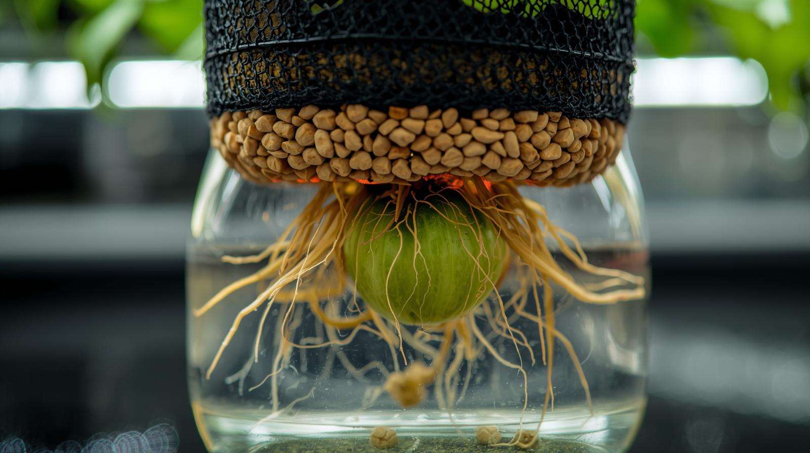 Young plant in net pot with clay pebbles after transplanting from soil to hydroponic system