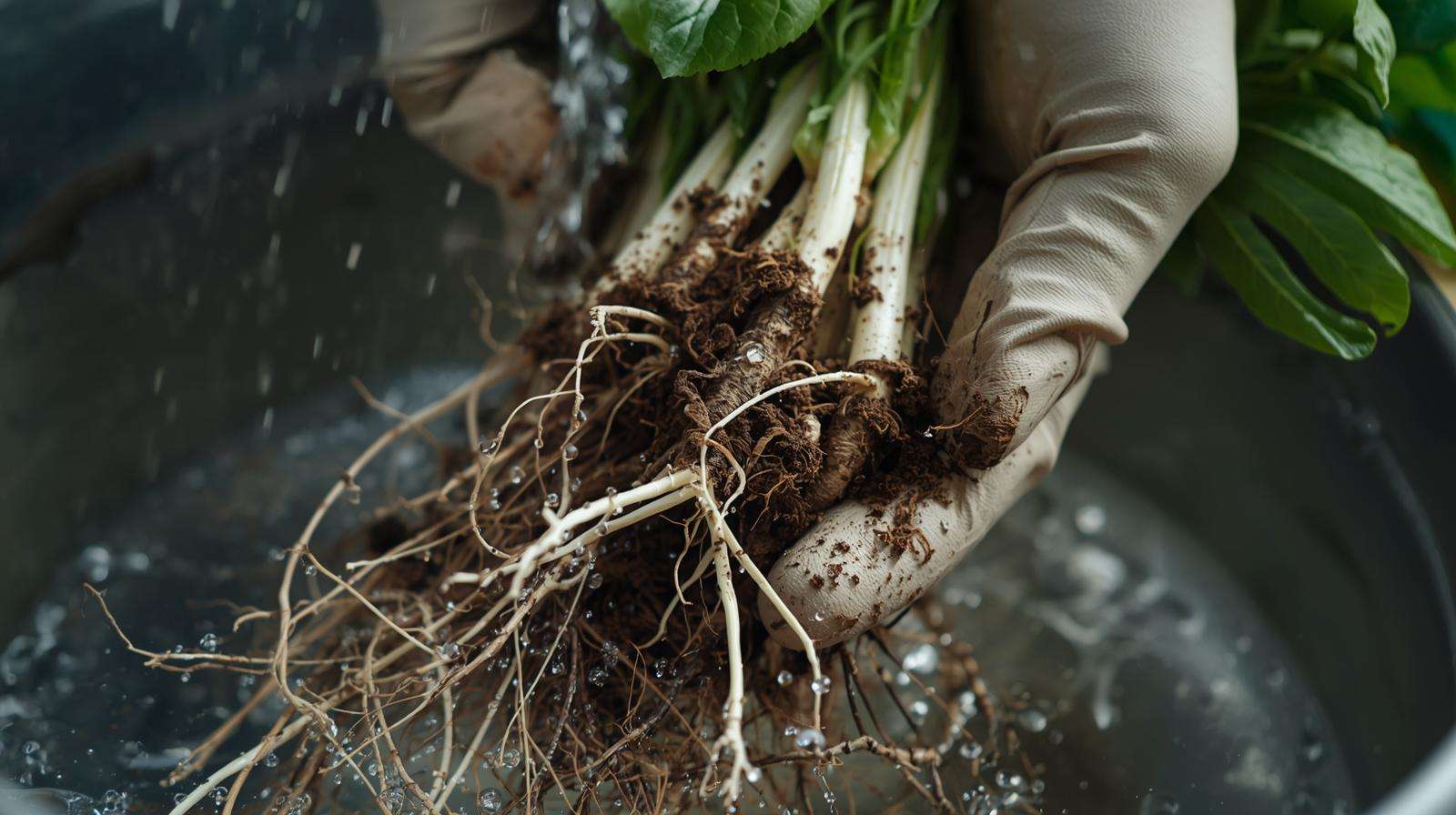 Hands cleaning soil from plant roots in water for safe transition from soil gardening to hydroponics