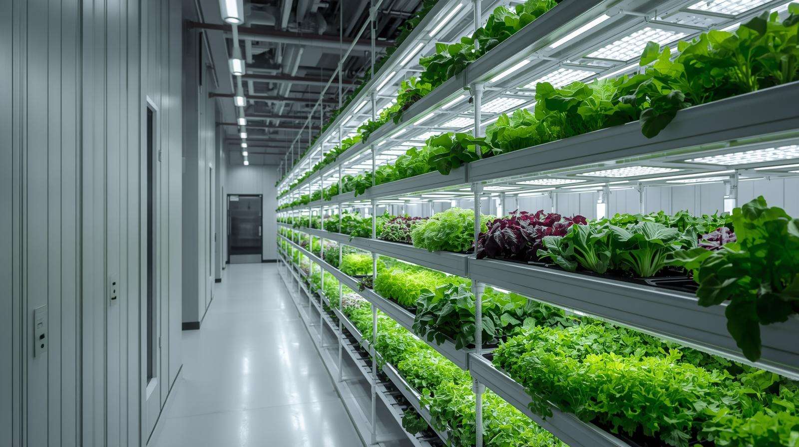 Vertical indoor salad bars system with tiered LED grow lights and leafy greens growing indoors year-round