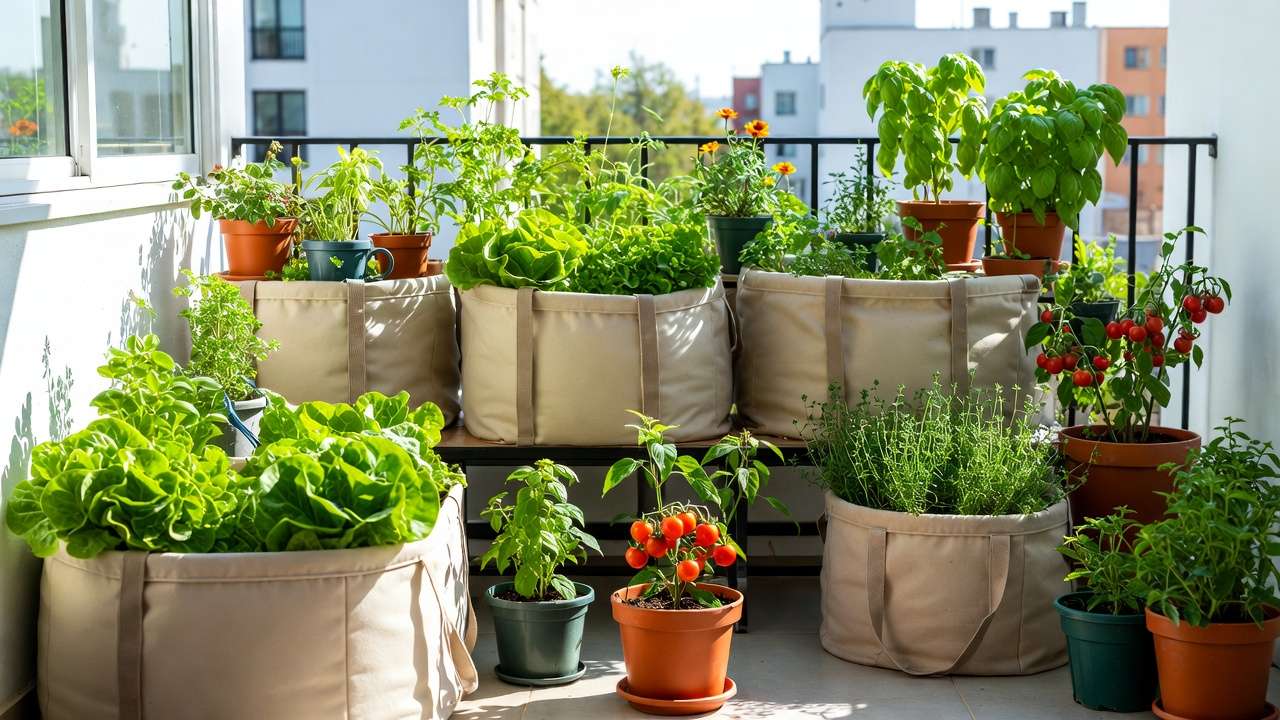 Balcony container garden with lettuce basil cherry tomatoes for renters beginner setup