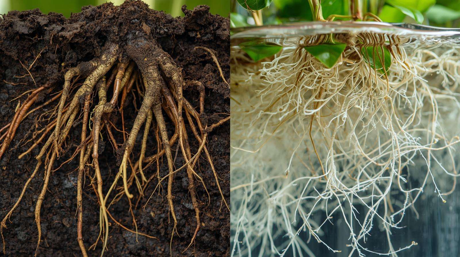 Side-by-side comparison of soil roots versus hydroponic water roots during soil to hydroponics transition