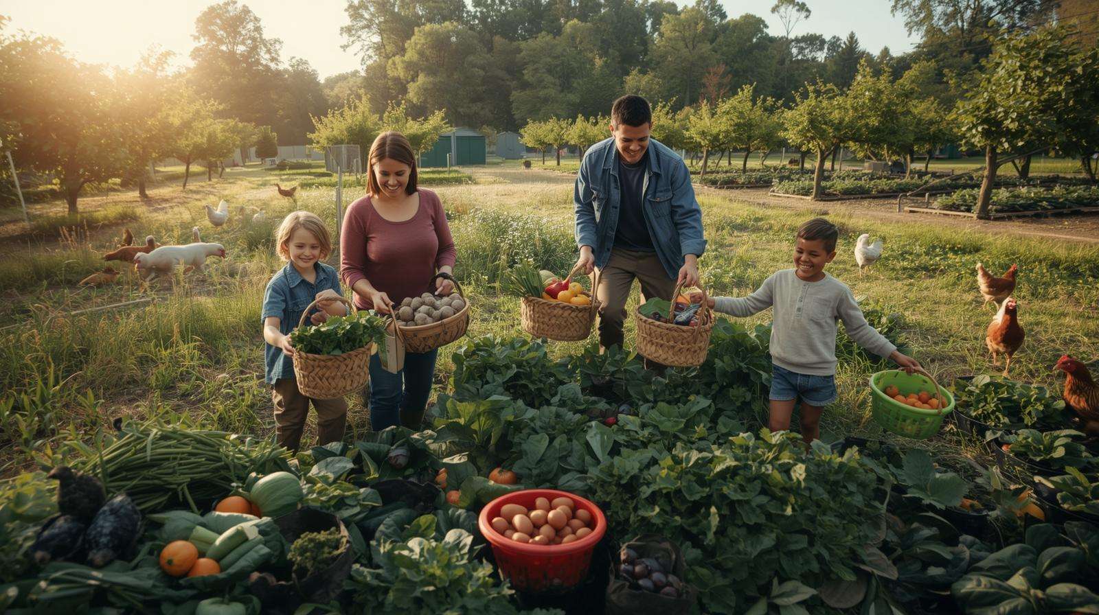Real US homesteader success stories showing family harvesting from practical crop and livestock setup
