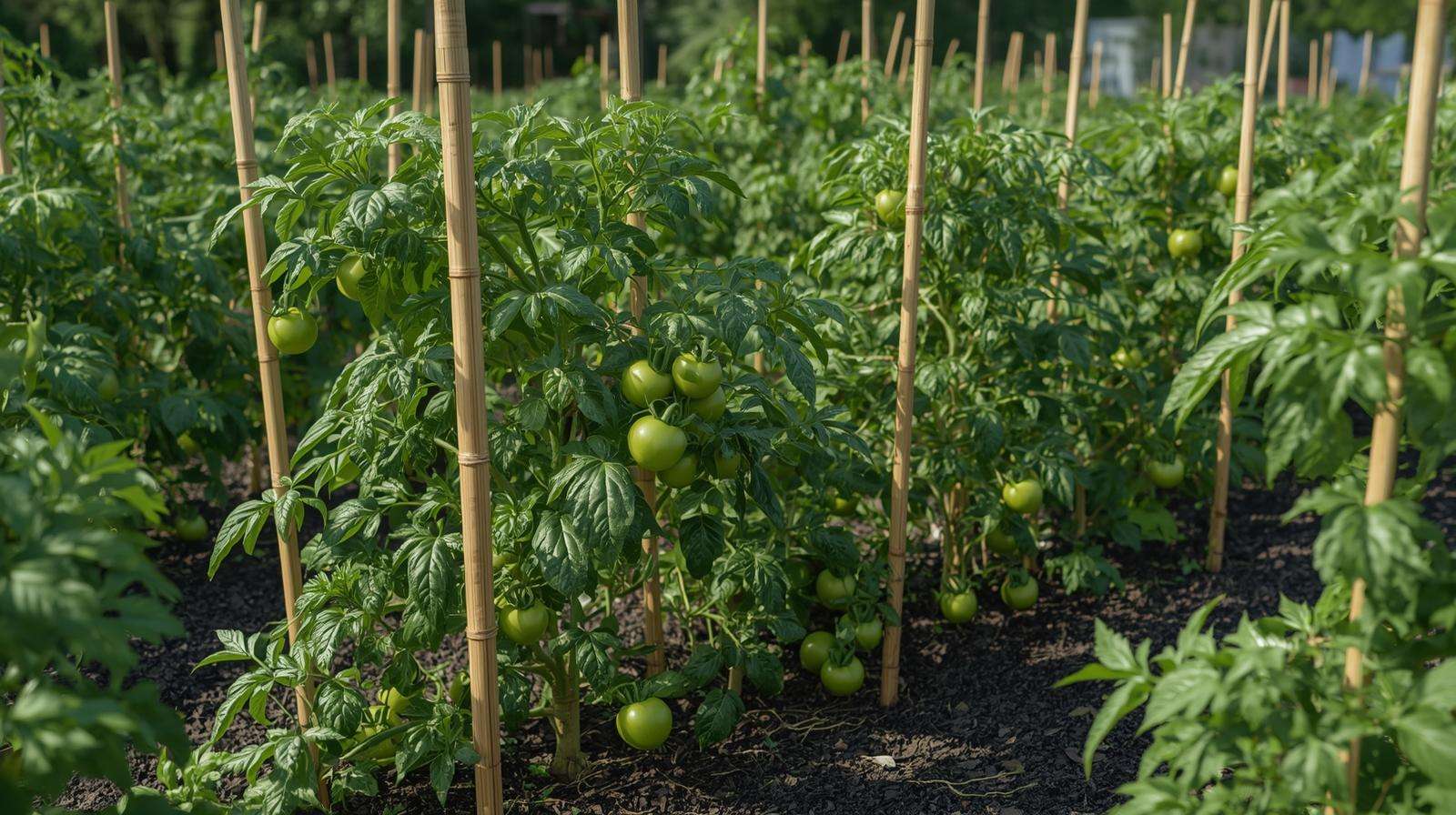 Properly spaced tomato plants in raised bed garden with mulch and stakes for healthy growth