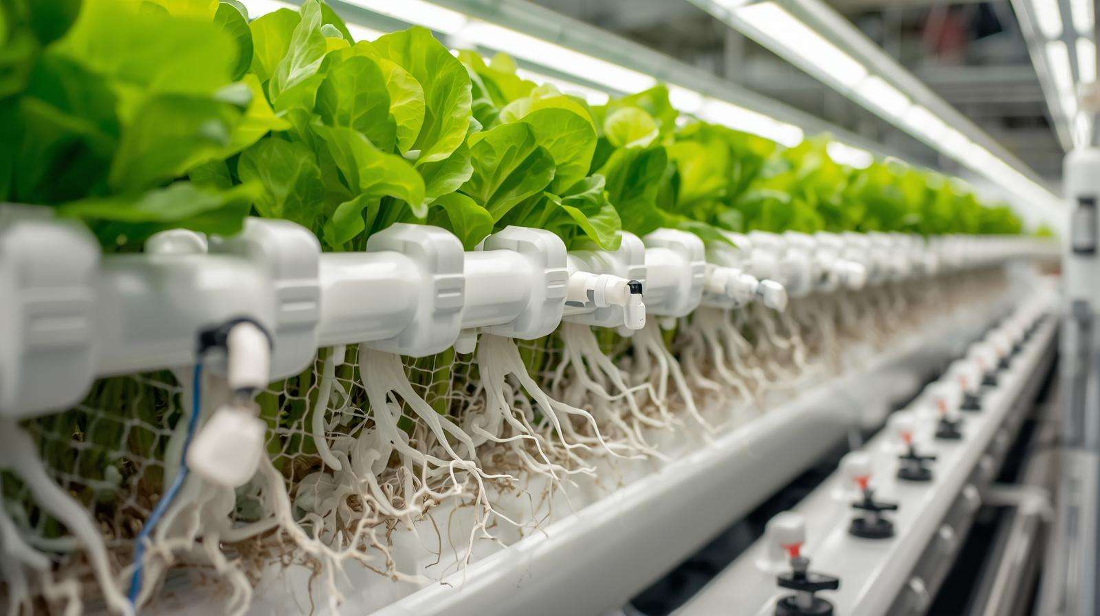 Hydroponic indoor salad bars NFT system growing lettuce with circulating nutrient solution