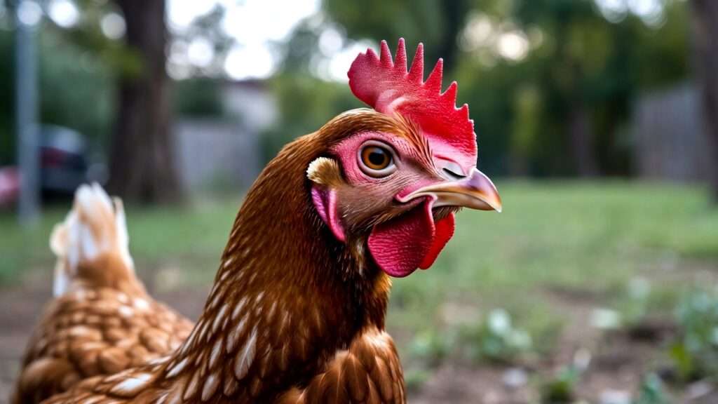 Young pullet developing bright red comb and wattles as sign of natural egg laying onset in backyard chickens