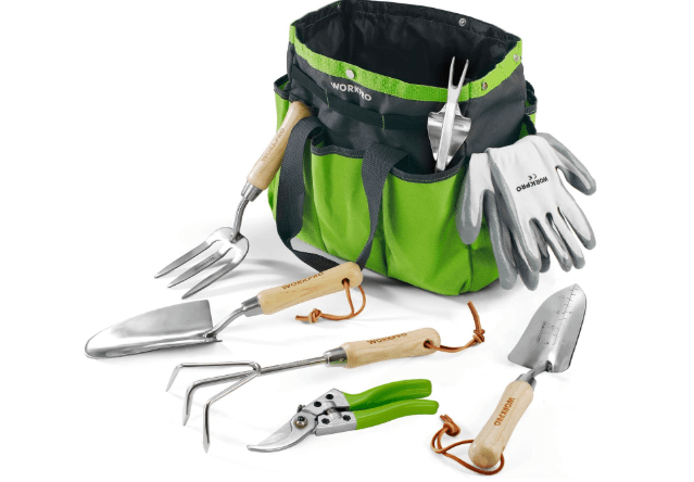 WORKPRO Garden Tools Set, 8 Piece, Stainless Steel Heavy Duty Gardening Tools with Wooden Handle, Including Garden Tote, Gloves, Trowel, Hand Weeder, Cultivator and More-Gardening Gifts For Women Men