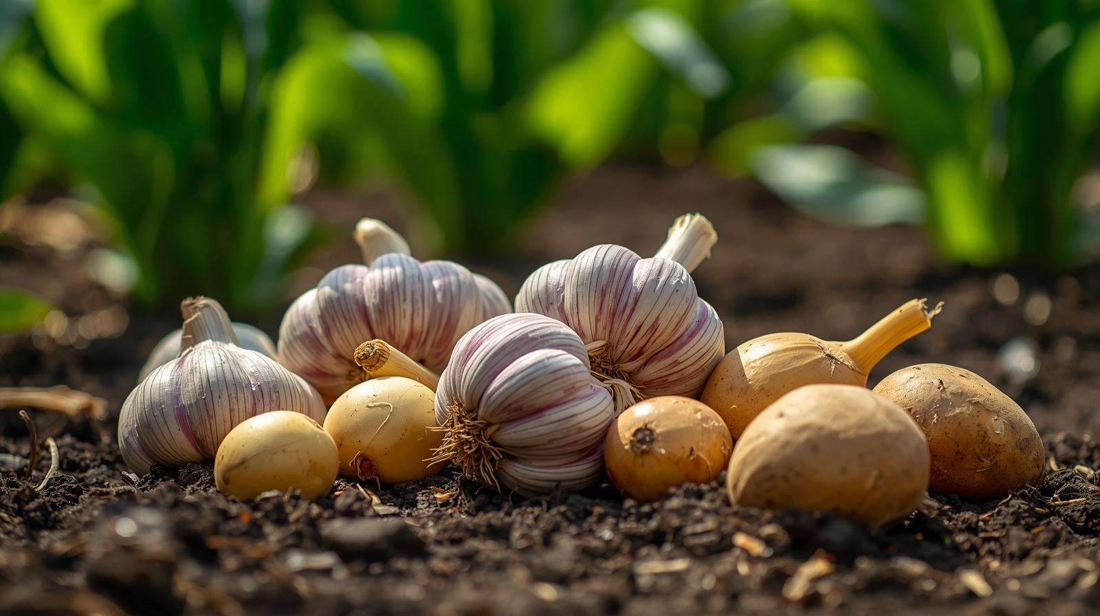 Freshly harvested garlic bulbs, onions, and potatoes straight from the garden soil