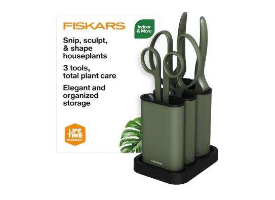 Fiskars Indoor Plant Care 3-Piece Set, Precision Gardening Tools with Nesting Storage Caddy, Detail Snips, Stem Shears & Bypass Pruner for Trimming & Shaping Houseplants, Stainless Steel Blades, Green