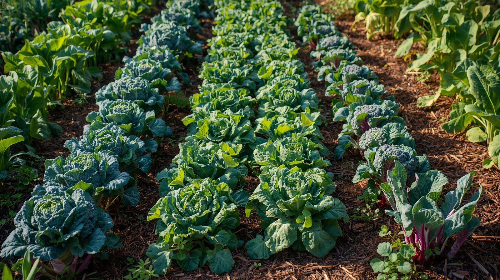 Diverse succession crops including kale, broccoli, Swiss chard, bush beans, and lettuce planted after garlic potatoes and onions in a healthy garden bed
