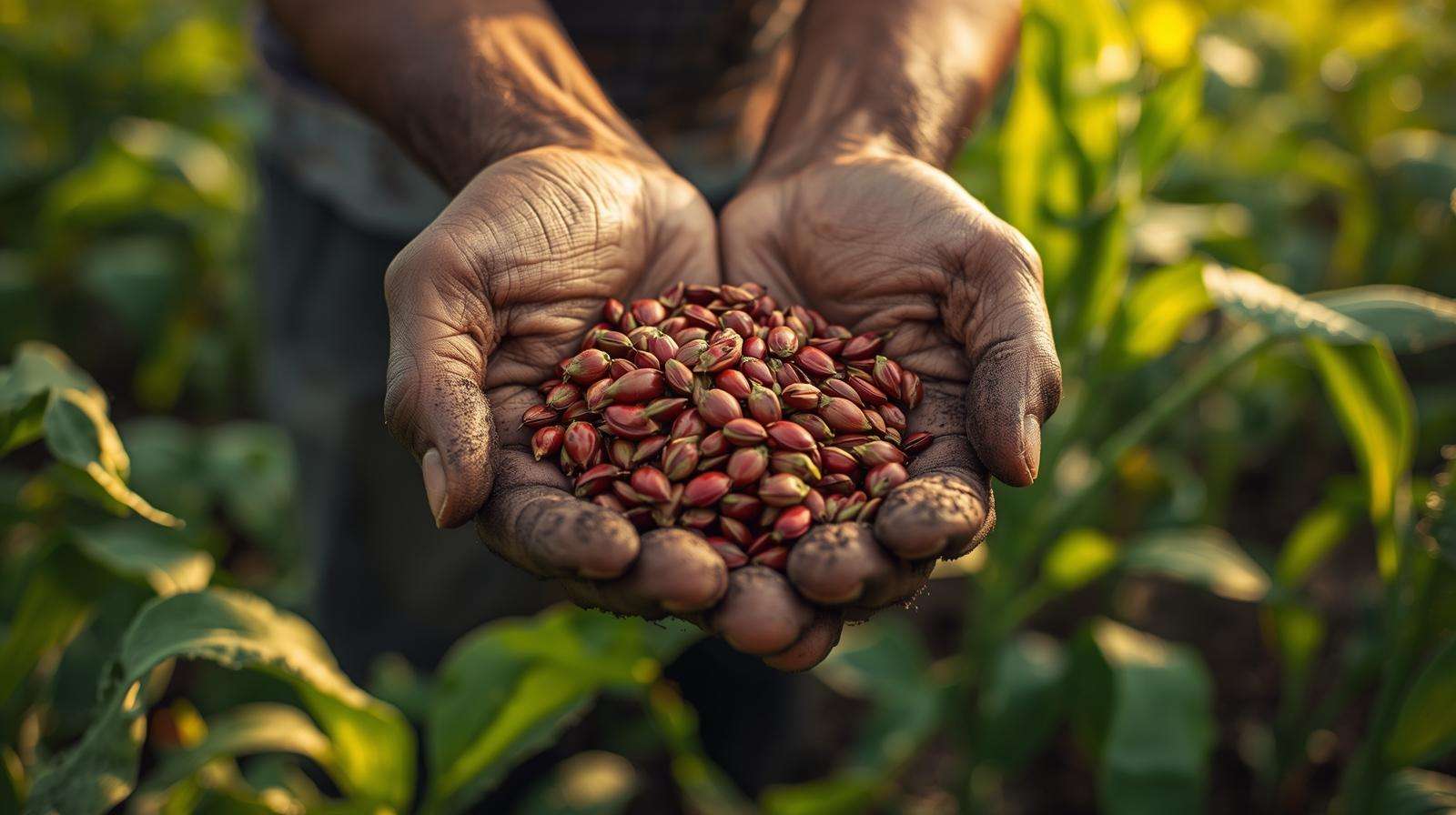 Close-up of farmer hands holding freshly saved heirloom vegetable seeds in a garden field for cost-effective seed saving.