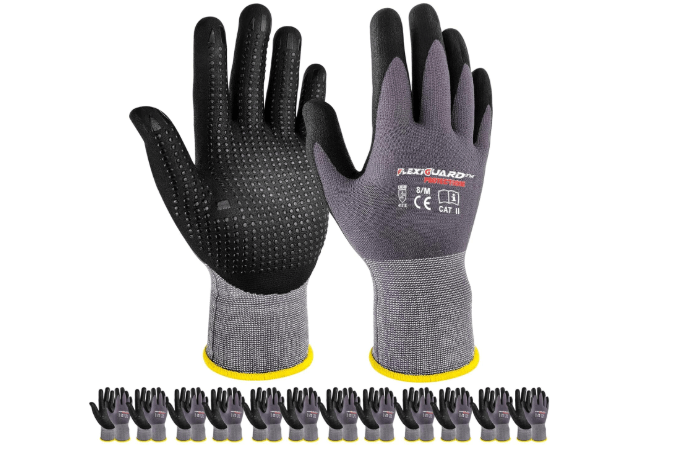 Gasoline Safety Work Gloves Extra Micro-Foam Nitrile Coated-12 Pairs,Endurance Seamless Knit Nylon Spandex,Dots on Palm, Dot Grip Gloves
