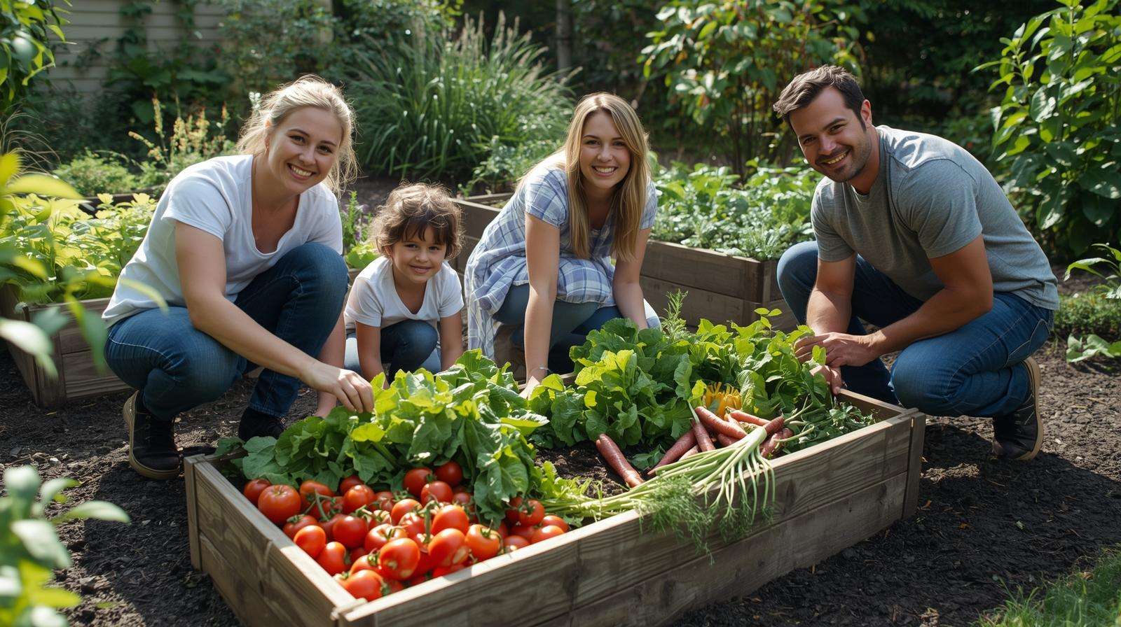 Happy family gardening in raised beds growing fresh vegetables for self-sufficiency