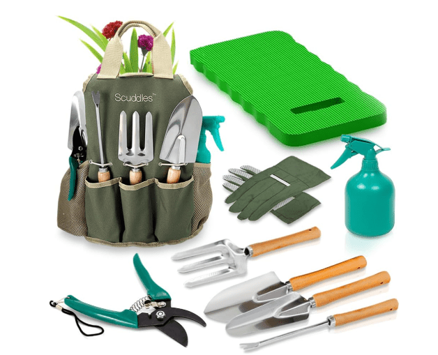 Scuddles Premium Gardening Kit for Women – 10 Stainless Steel Tools with Ergonomic Handles, Tote Bag, Kneeling Pad, Shears, Gloves, Rake, Trowel & Shovel – Garden Set for Planting, Pruning & Gifts