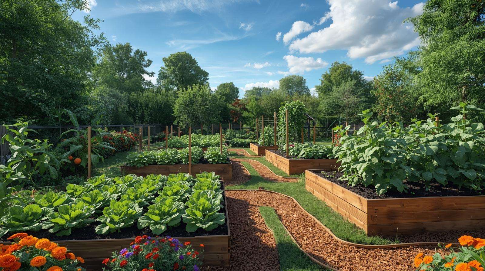 Thriving beginner raised bed vegetable garden with lettuce tomatoes beans and zucchini in sunny USA backyard