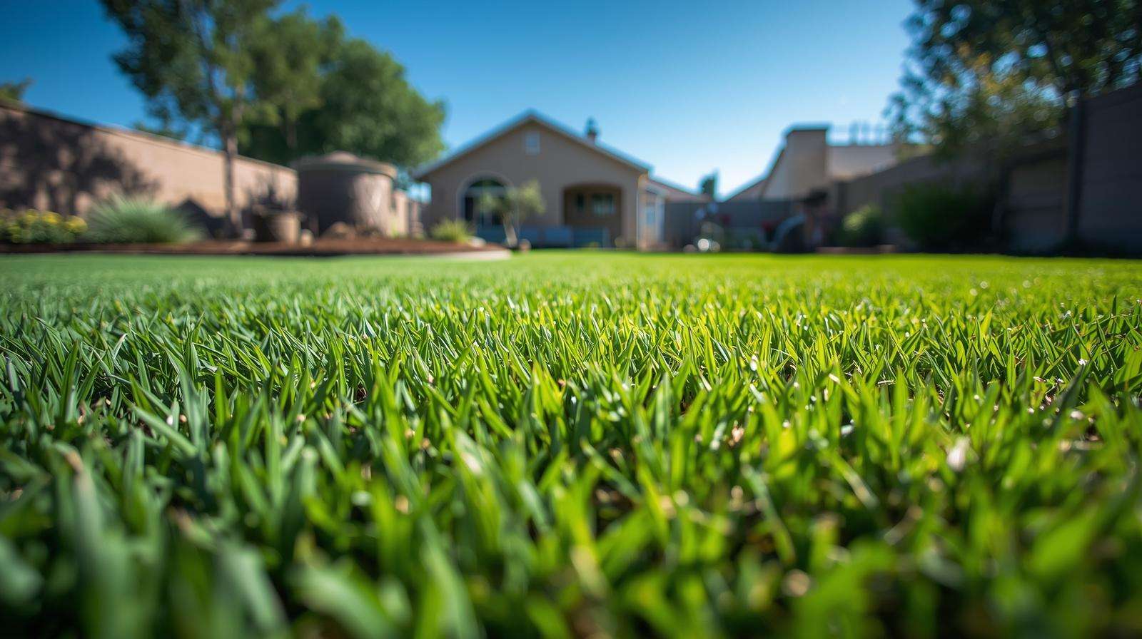 Close-up of lush buffalograss drought-resistant lawn showing low-maintenance green turf in a sunny yard