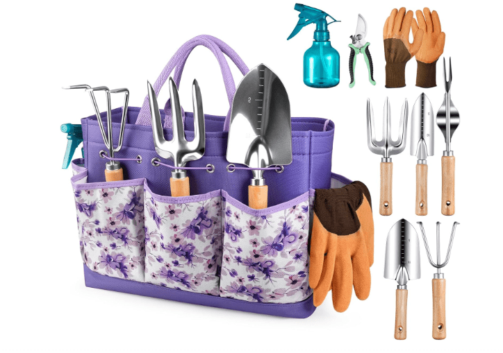 Gardening Tools 9-Piece Heavy Duty Garden Hand Tools with Fashion and Durable Garden Tools Organizer Handbag, Rust-Proof Garden Tool Set, Ideal Gardening Gifts for Women