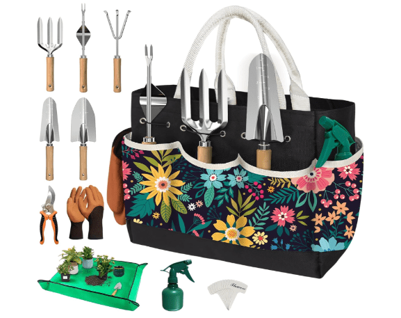 22Pcs Gardening Tools Set for Women Heavy Duty Garden Hand Tool Kit Gardener Gifts for Beginner Gardening Accessories with Tote Bag/Shovel/Repotting Mat/Plant Labels/Gloves-Black