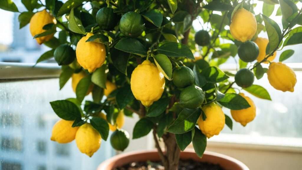 Dwarf Meyer lemon tree full of ripe yellow fruit in a terracotta pot on a sunny balcony