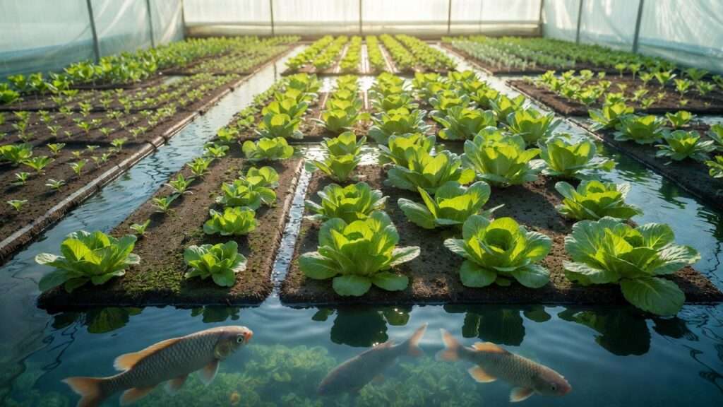 Diverse crops in rotation within a modern aquaponics greenhouse system showing leafy greens fruiting vegetables and herbs for nutrient balance