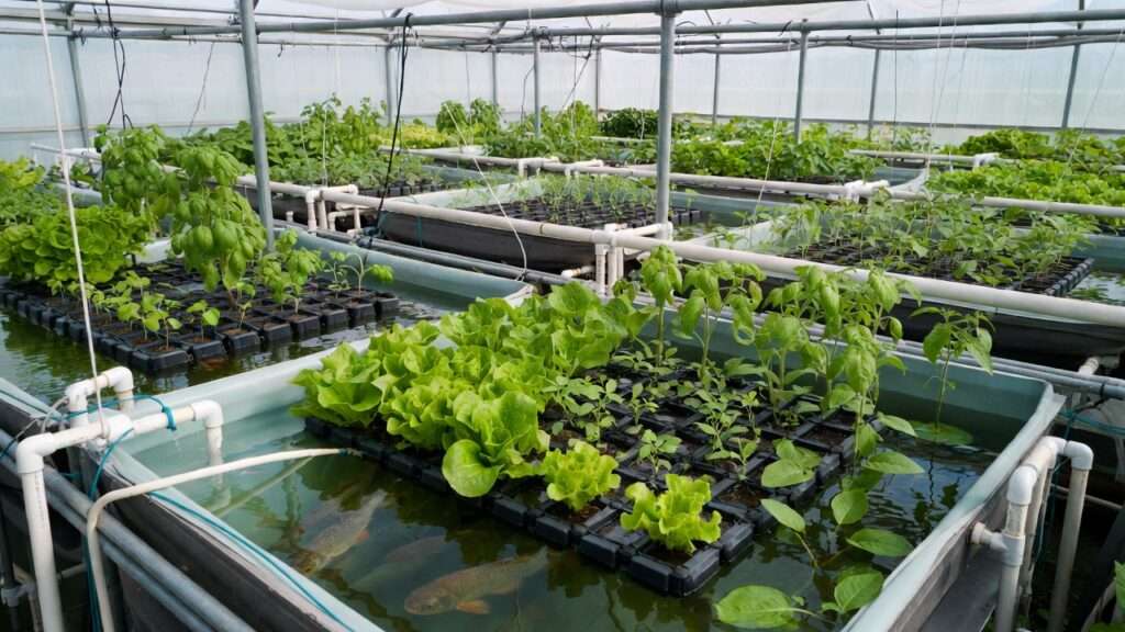 Greenhouse aquaponics system with fish tanks and diverse leafy green crops ready for small business scaling