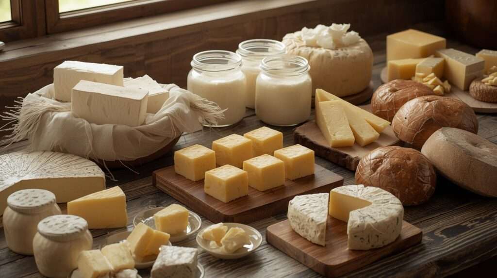 Homemade fresh cheeses, yogurt, butter, and hard cheeses on rustic homestead kitchen table from surplus milk