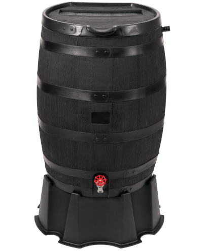 RTS Home Accents Premium 55-Gallon Eco Rain Barrel with Removable Lid, Flat Back Rain Water Collection Barrel, Made with 100% Recycled Plastic, Stand Included, Black
