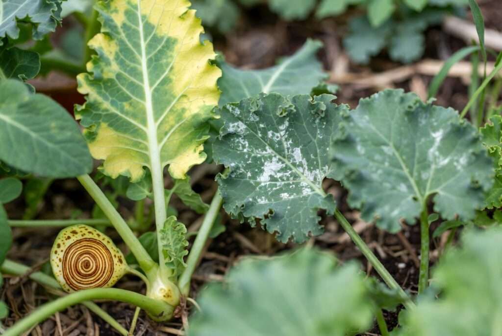 Vegetable plants diseases symptoms on tomato early blight, kale clubroot, and cucumber powdery mildew for identification